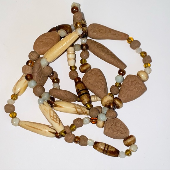 Vintage Ethnic Beaded 16" Necklace Terra Cotta Clay Glass Etched Faux Bone Beads - Picture 2 of 10